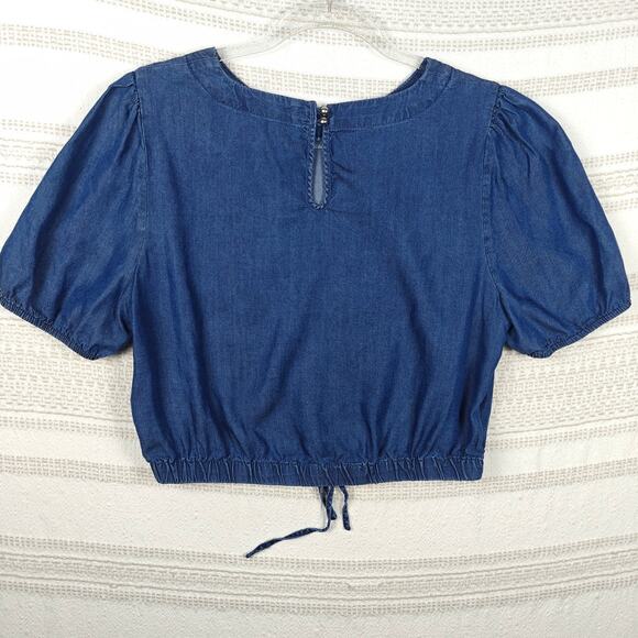 Blashe Chambray Puff Sleeve Cropped Top Blue Drawstring Hem Size XL - Picture 2 of 8